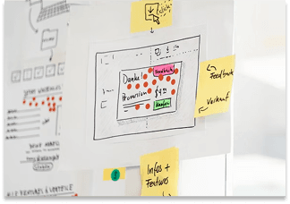 UI/UX design planning session with sticky notes on board for workflow mapping